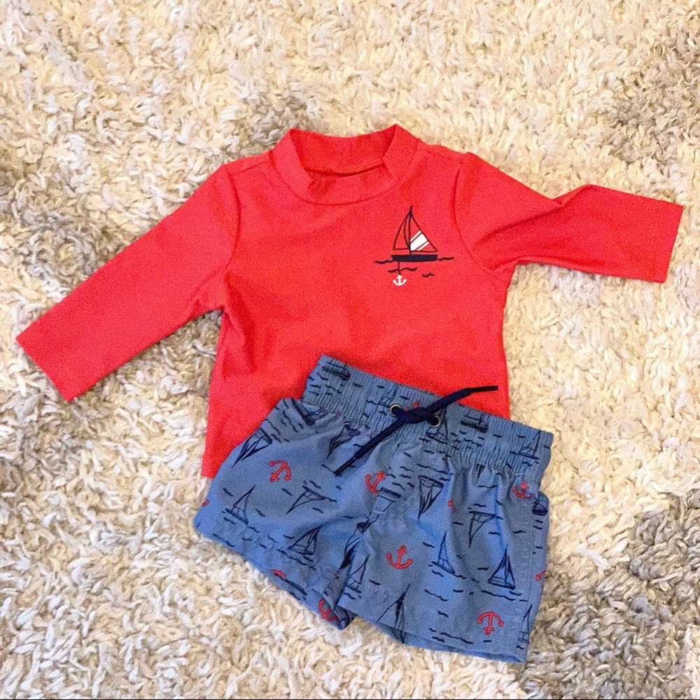 Carter’s Baby Boy Red and Blue Sailing 2-pc Swim Trunks and Rash Guard